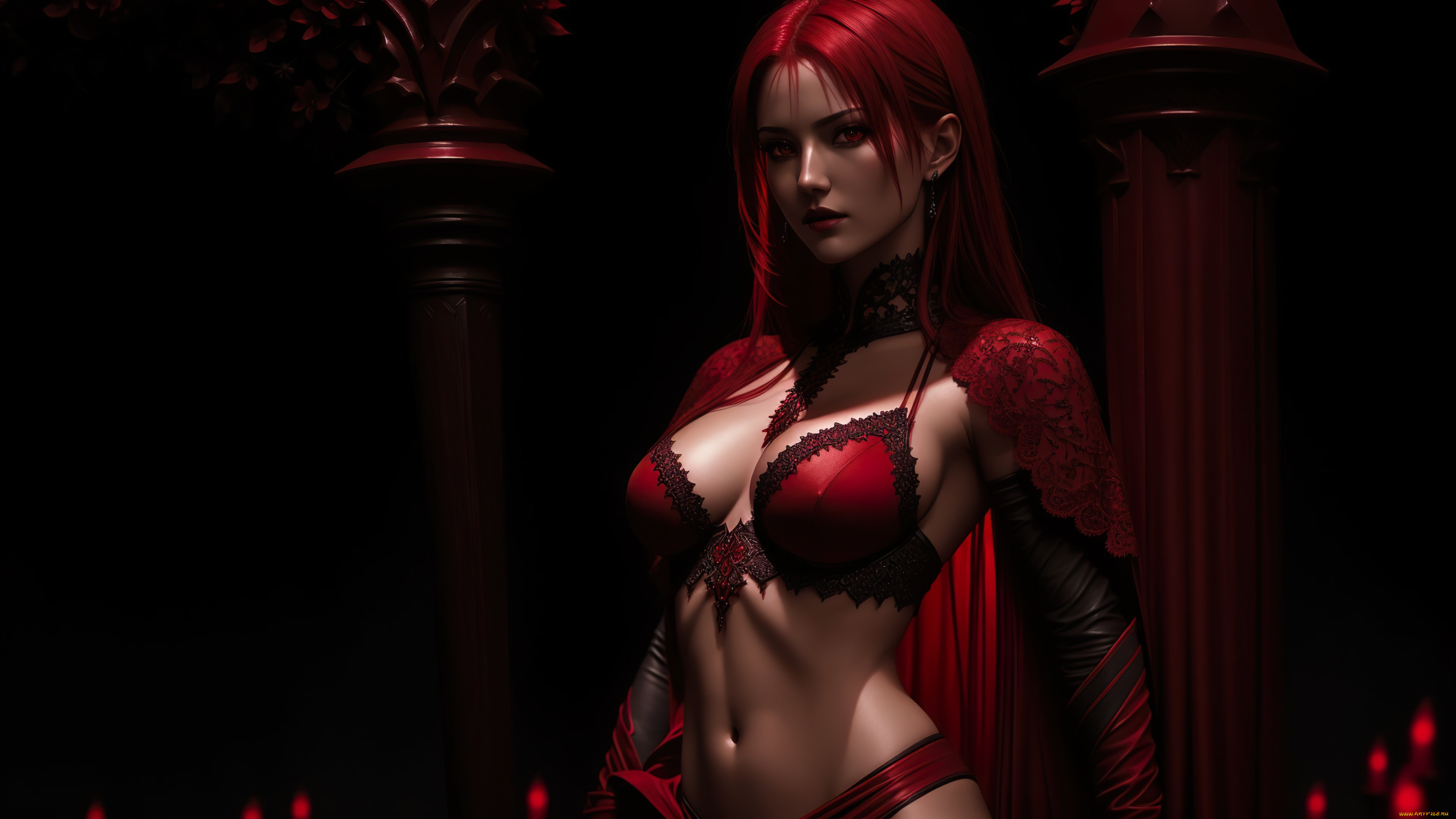 , 3 ,  , fantasy, girl, red, hair, night, art, digital